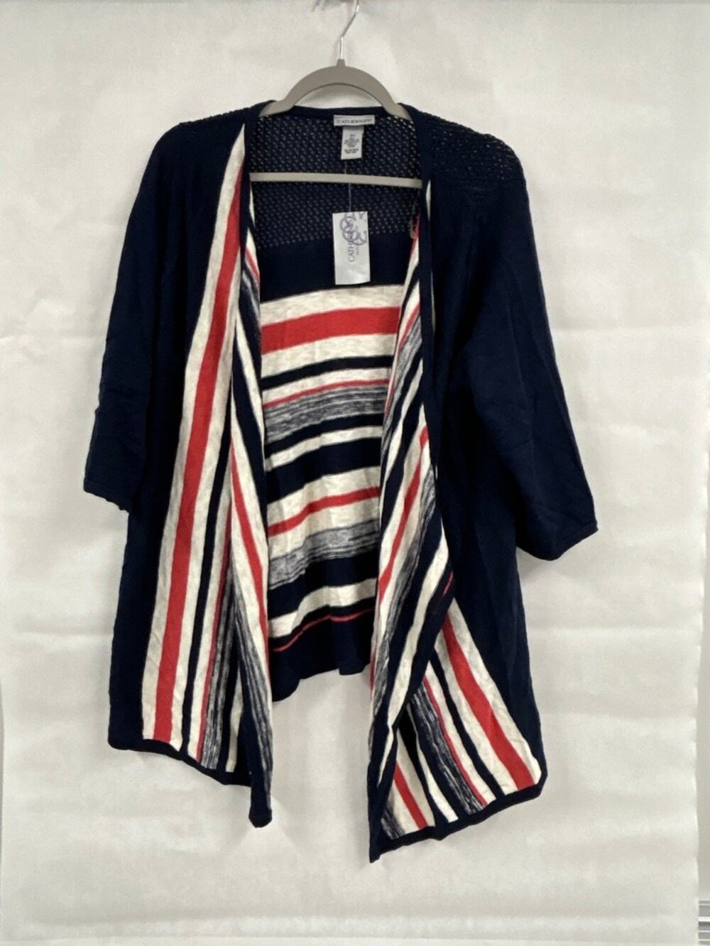Catherines OX Open Front Cardigan Striped Draped Lightweight Navy Red White